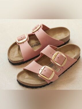 Birkenstock Pink Suede Double-Buckle Sandals with Gold Buckles